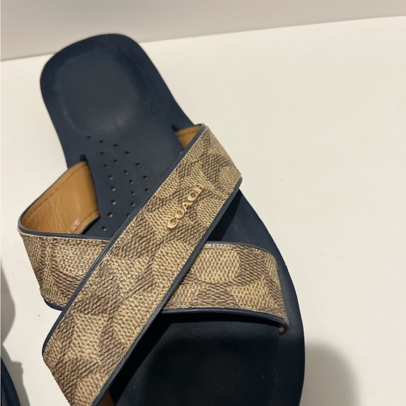 Coach Janine Sandals, Navy Blue W/ Brown Signature Straps & Gold Hardware, 7.5 - Picture 3 of 7